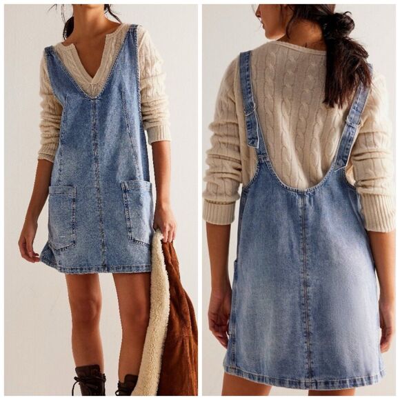 Free People We The Free High Roller Skirtall Denim Dress Follow Your Heart XS - Picture 2 of 13
